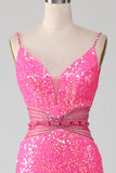 Hot Pink Spaghetti stropper Glitter Mermaid Prom kjole med Beading Waist