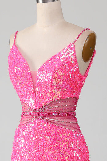 Hot Pink Spaghetti stropper Glitter Mermaid Prom kjole med Beading Waist