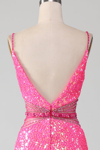 Hot Pink Spaghetti stropper Glitter Mermaid Prom kjole med Beading Waist