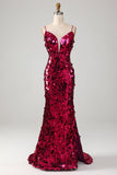 Sparkly Mermaid Spaghetti stropper Fuchsia paljetter Long Prom Kjole med Slit