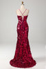 Load image into Gallery viewer, Sparkly Mermaid Spaghetti stropper Fuchsia paljetter Long Prom Kjole med Slit