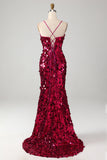 Sparkly Mermaid Spaghetti stropper Fuchsia paljetter Long Prom Kjole med Slit