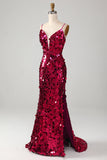 Sparkly Mermaid Spaghetti stropper Fuchsia paljetter Long Prom Kjole med Slit