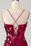 Sparkly Mermaid Spaghetti stropper Fuchsia paljetter Long Prom Kjole med Slit