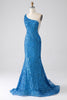 Load image into Gallery viewer, Blå havfrue en skulder paljetter lang ballkjole