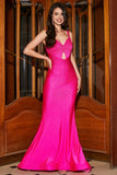 Hot Pink Sparkly Mermaid Prom Dress med Hollow-out