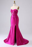 Sparkly Fuchsia Mermaid Sweetheart Korsett Long Prom Kjole med Slit