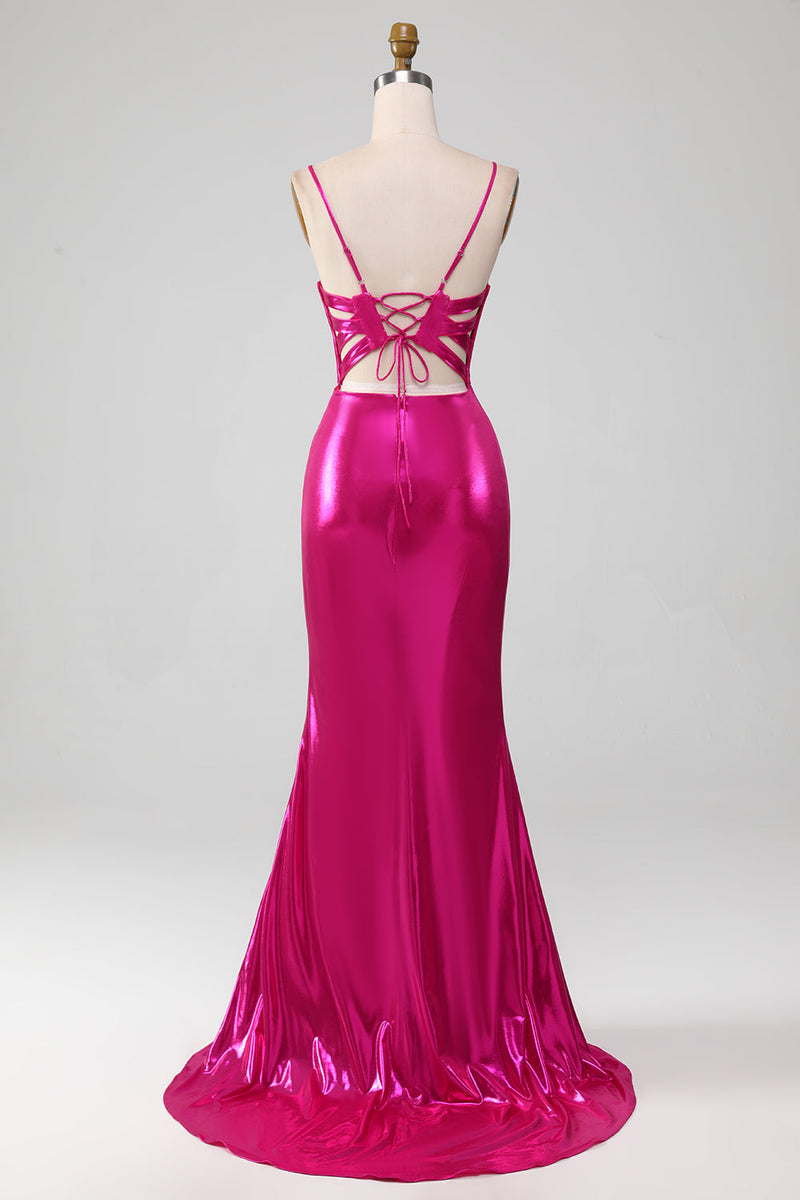 Load image into Gallery viewer, Sparkly Hot Pink Mermaid Simple Prom Dress With Slit