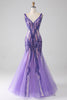 Load image into Gallery viewer, Sparkly Purple Mermaid V Neck Sequins Long Prom Dress