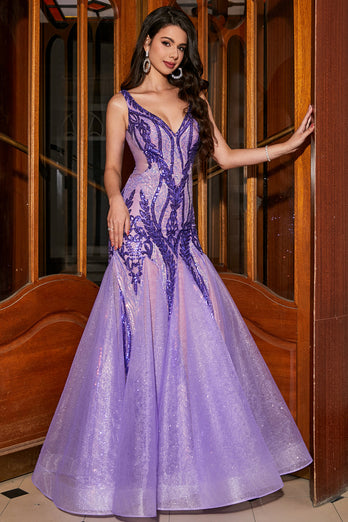 Stunning Mermaid V Neck Purple Sequins Long Prom Dress med åpen rygg