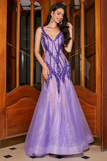 Stunning Mermaid V Neck Purple Sequins Long Prom Dress med åpen rygg