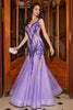 Load image into Gallery viewer, Stunning Mermaid V Neck Purple Sequins Long Prom Dress med åpen rygg