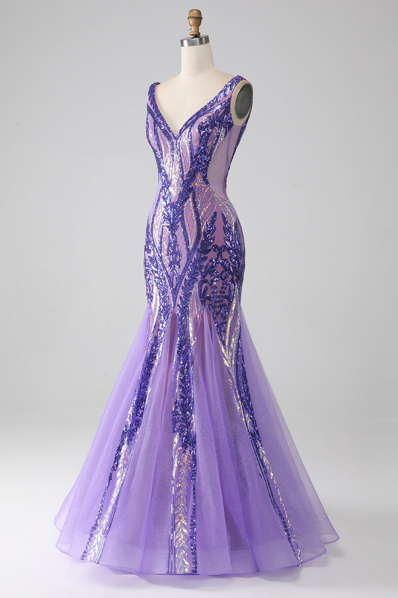 Load image into Gallery viewer, Sparkly Purple Mermaid V Neck Sequins Long Prom Dress