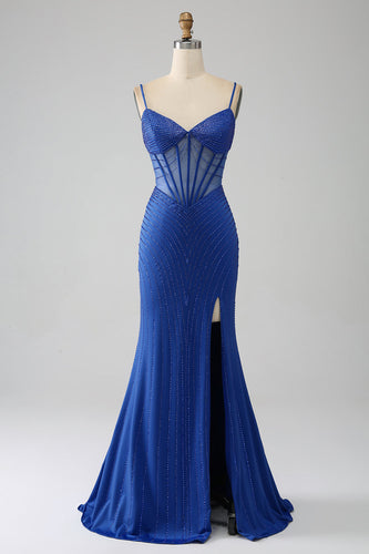 Royal Blue Mermaid korsett Prom kjole med perler