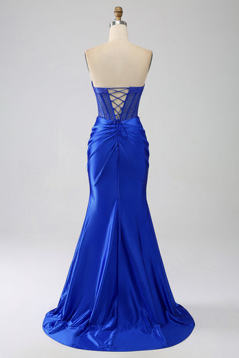 Havfrue stroppeløs kongeblå korsett Prom kjole med perler