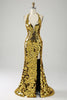 Load image into Gallery viewer, Golden Mermaid Halter Deep V-Neck Backless Mirror Prom kjole med høy spalt