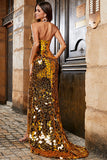 Golden Mermaid Halter Glitter Mirror Prom kjole med høy spalt