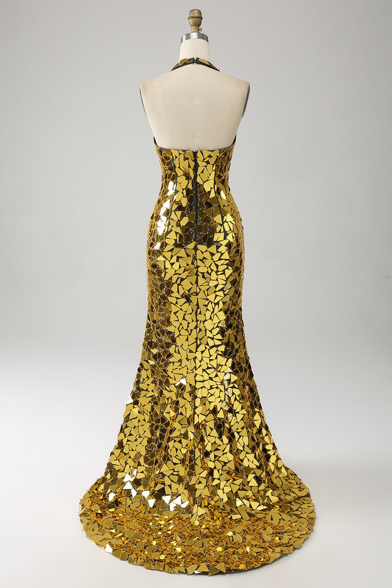 Load image into Gallery viewer, Golden Mermaid Halter Deep V-Neck Backless Mirror Prom kjole med høy spalt