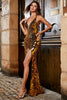 Load image into Gallery viewer, Golden Mermaid Halter Glitter Mirror Prom kjole med høy spalt