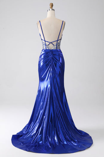 Royal Blue Mermaid Sparkly Sequin Plissert korsett Prom kjole med spalt