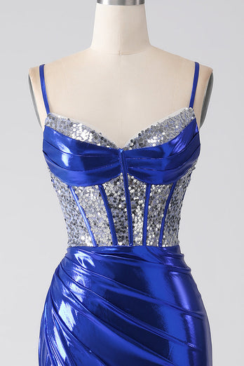 Royal Blue Mermaid Sparkly Sequin Plissert korsett Prom kjole med spalt