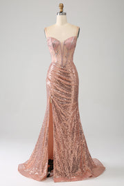 Rose Gold Mermaid Beaded Ruched Sequin Corset Prom kjole med side spalt