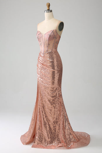 Rose Gold Mermaid Beaded Ruched Sequin Corset Prom kjole med side spalt