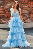 Tiered Tulle Sweetheart Bow Tie stropper Sequin Prom Kjole med Appliques