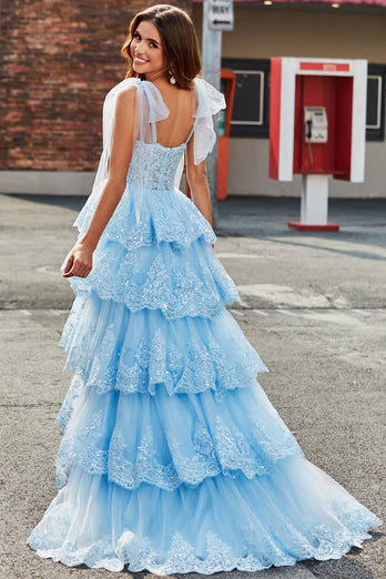 Tiered Tulle Sweetheart Bow Tie stropper Sequin Prom Kjole med Appliques