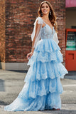 Tiered Tulle Sweetheart Bow Tie stropper Sequin Prom Kjole med Appliques