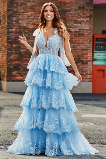 Tiered Tulle Sweetheart Bow Tie stropper Sequin Prom Kjole med Appliques