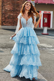 Tiered Tulle Sweetheart Bow Tie stropper Sequin Prom Kjole med Appliques