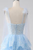 Load image into Gallery viewer, Lyseblå Sweetheart Bow Tie stropper Tiered Tylle Sequin Prom Kjole med Appliques