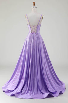 Enkel Sparkly Lilac A-Line Side Slit korsett Prom kjoler med Rhinestones