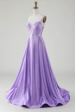 Enkel Sparkly Lilac A-Line Side Slit korsett Prom kjoler med Rhinestones