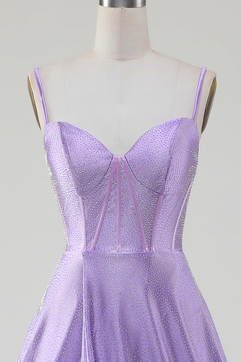 Enkel Sparkly Lilac A-Line Side Slit korsett Prom kjoler med Rhinestones
