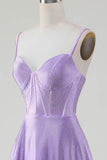 Enkel Sparkly Lilac A-Line Side Slit korsett Prom kjoler med Rhinestones