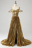 Load image into Gallery viewer, Stunning A Line Off the Shoulder Gold Long Prom Dress med nøkkelhull