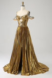 Stunning A Line Off the Shoulder Gold Long Prom Dress med nøkkelhull