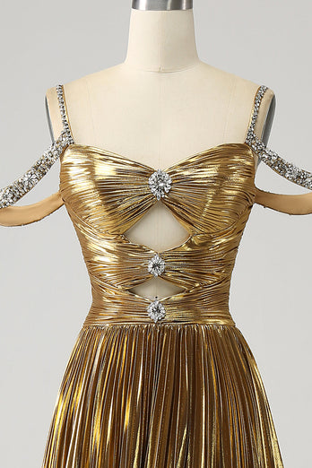 Stunning A Line Off the Shoulder Gold Long Prom Dress med nøkkelhull