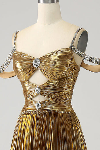 Stunning A Line Off the Shoulder Gold Long Prom Dress med nøkkelhull