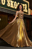 Load image into Gallery viewer, Sparkly ruched spaghetti stropper Beaded metallic prom kjole med spalt
