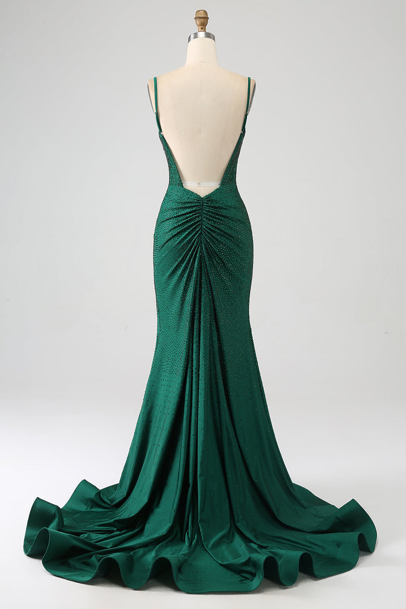 Load image into Gallery viewer, Sparkly Dark Green Beaded Long Mermaid Prom Dress med Slit