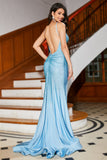 Blue Beaded Long Sparkly Mermaid Prom Dress med Slit