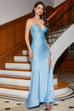 Blue Beaded Long Sparkly Mermaid Prom Dress med Slit