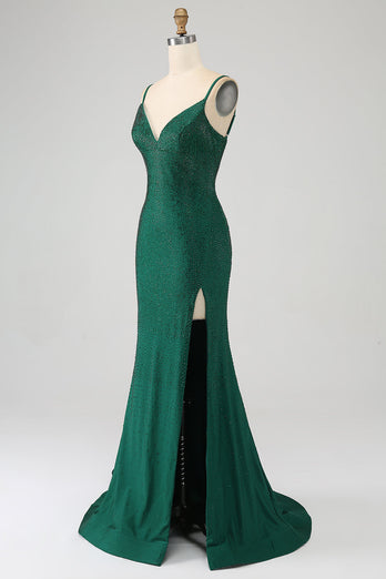 Sparkly Dark Green Beaded Long Mermaid Prom Dress med Slit