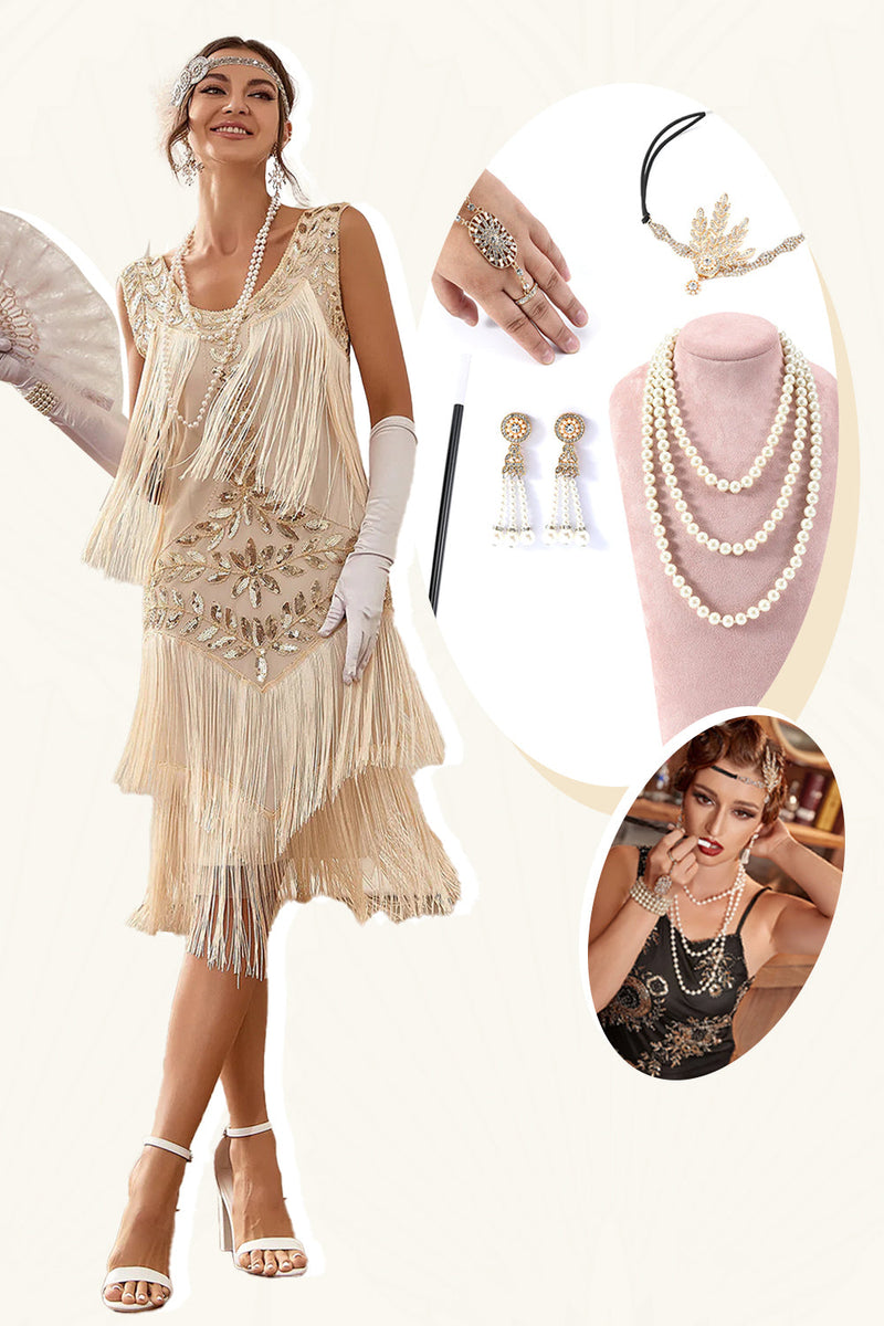 Load image into Gallery viewer, Champagne paljetter Fringes 1920-tallet Gatsby kjole med 20-tallet tilbehør sett