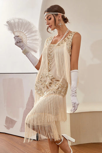 Champagne paljetter Fringes 1920-tallet Gatsby kjole med 20-tallet tilbehør sett