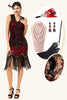 Load image into Gallery viewer, Rød og svart paljetter Fringes 1920-tallet Gatsby kjole med 20-tallet tilbehør sett