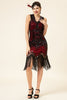 Load image into Gallery viewer, Rød og svart paljetter Fringes 1920-tallet Gatsby kjole med 20-tallet tilbehør sett